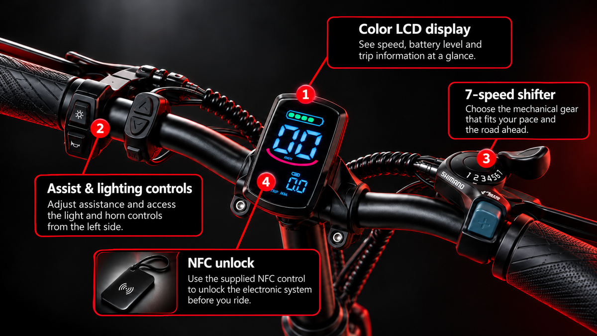 Spacewalk EB012 display and handlebar controls — studio visualization