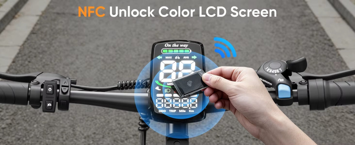 Spacewalk EB011 handlebar, color LCD display, assist controls and seven-speed shifter.
