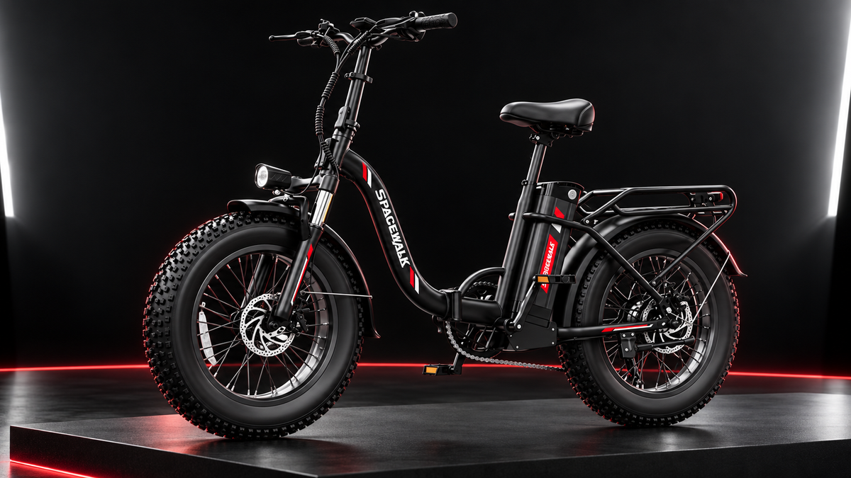 Spacewalk EB012 black and red folding e-bike in a dramatic black studio — campaign visualization