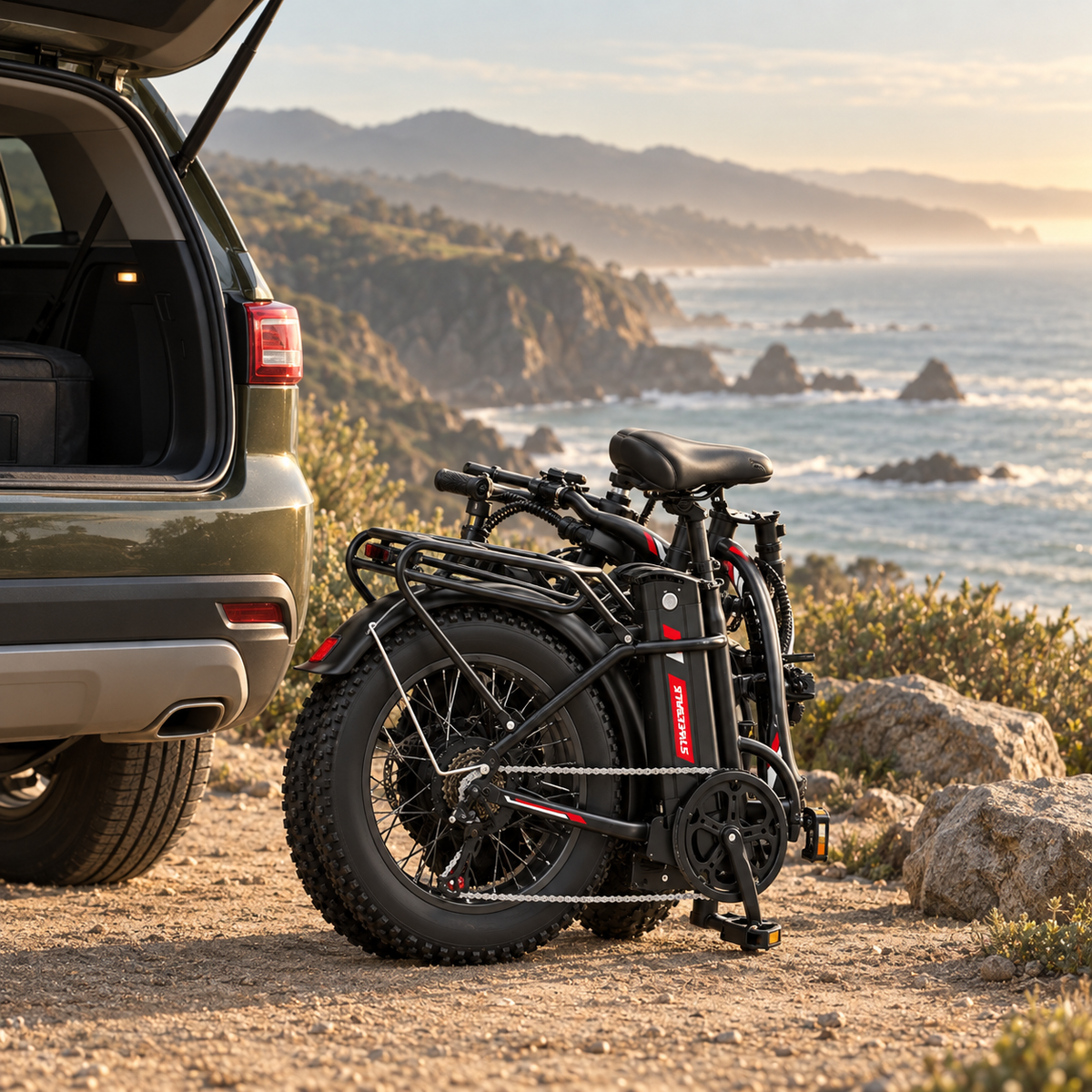 Spacewalk folding electric bike beside an SUV on the California coast — campaign visualization